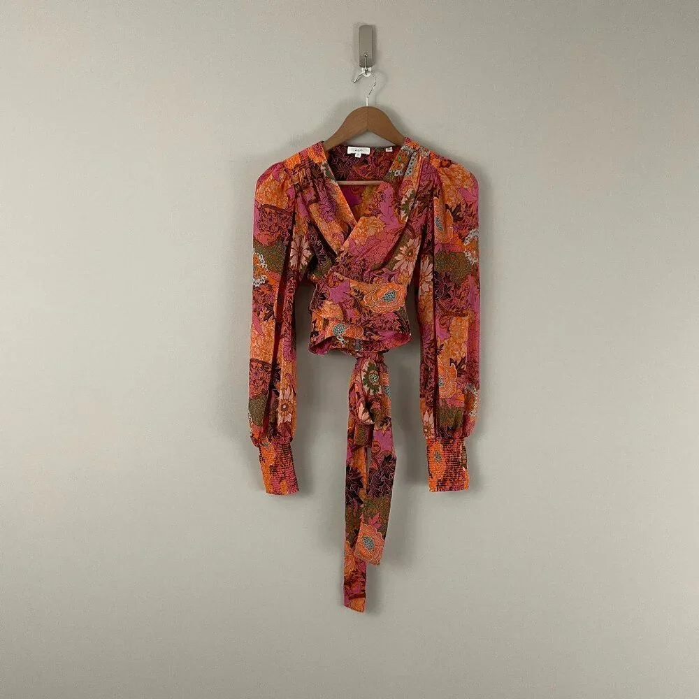 A.L.C. Samara Floral Silk Long Sleeve Wrap Top in Pink/Orange Size 6